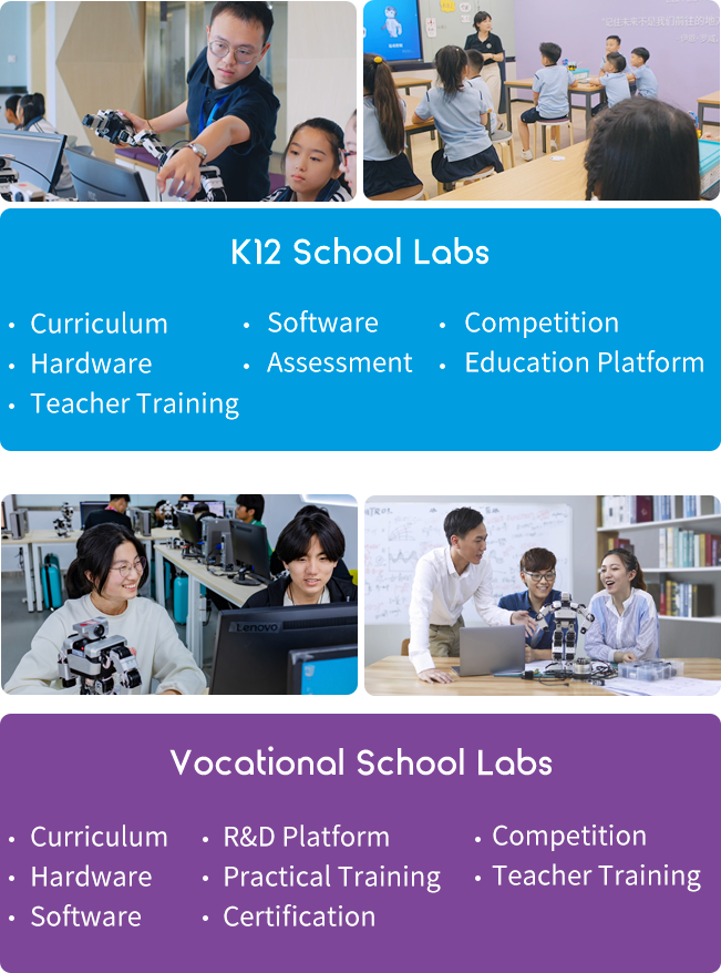 Students working inside a school AI lab